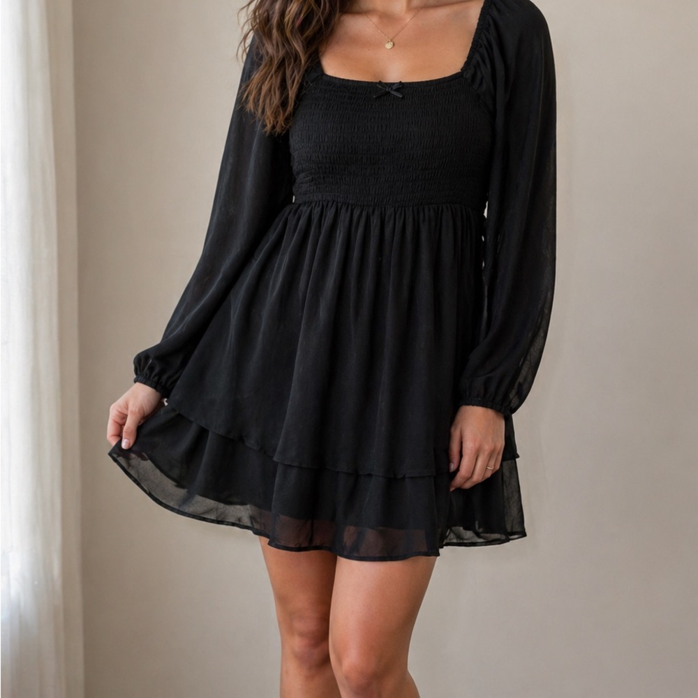 NWT Rewind Black Long-Sleeve Babydoll Dress S Sheer Cottagecore Fairy Whimsigoth